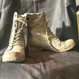 Tan Lace-Up Combat Boots w/Studded Cuff & Tongue